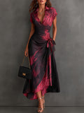 Aida | Vestido Midi Cruzado con Estampado Abstracto en Burdeos