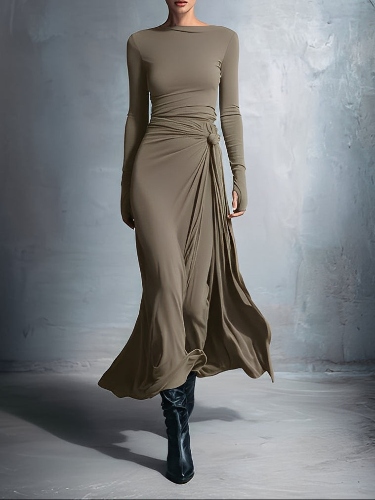 Fiorella | Vestido Maxi con Nudo Lateral - Caqui