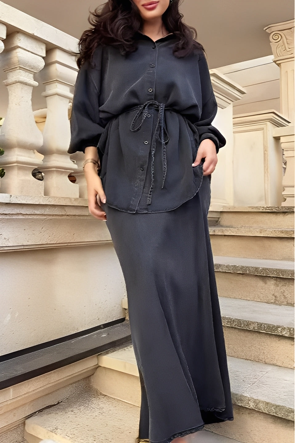 Rosella | Conjunto de Camisa con Lazo en la Cintura y Falda Larga